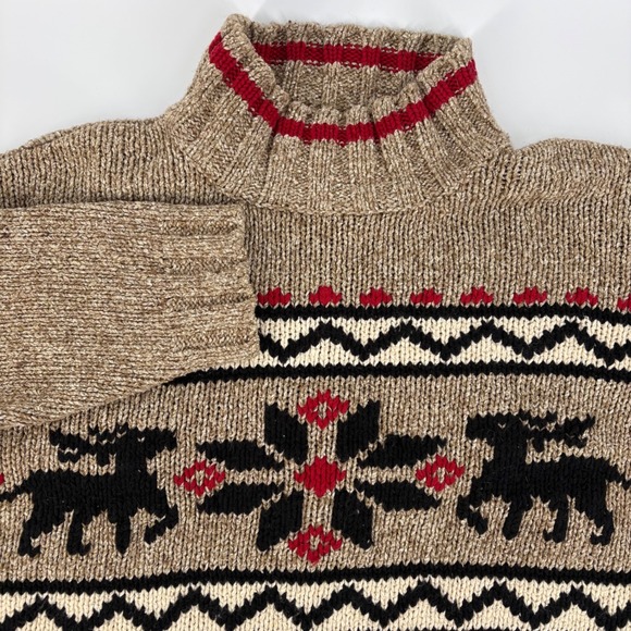 Eddie Bauer Sweaters - Eddie Bauer Fair Isle Sweater Womens Petite S Tan Silk Wool Reindeer Mock Neck
